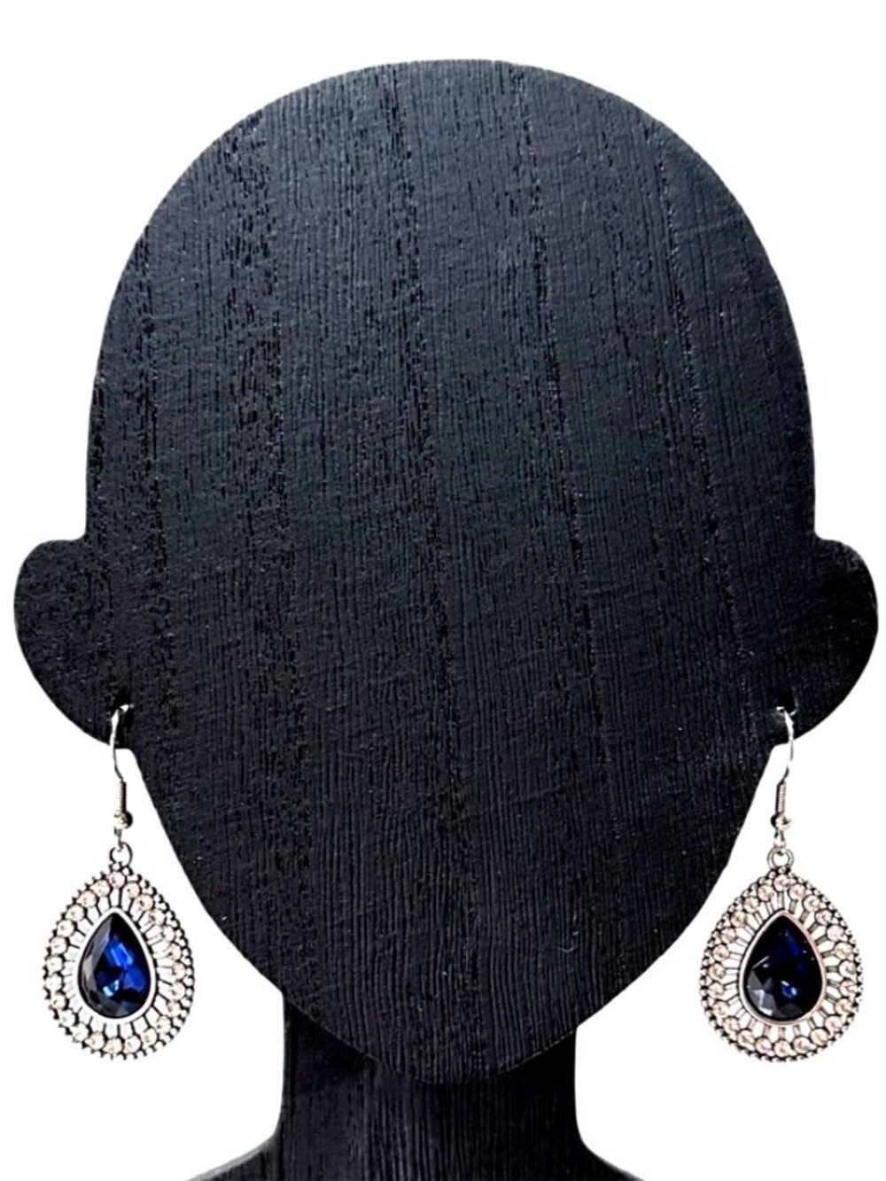 Teardrop Crystal Dangle Earrings With Blue Rhinestone Center Silver Tone NWOT - Picture 2 of 7